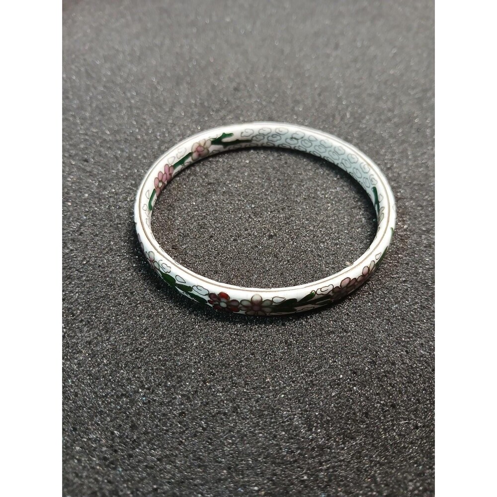 Vintage Cloisonné Enamel Bangle White Floral Chinese Handcrafted